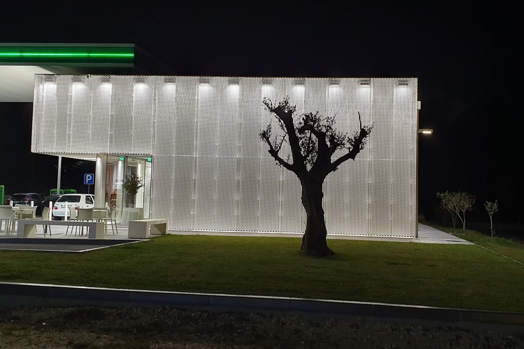 An olive tree in silhouette against the station's perforated facade, lit at night.