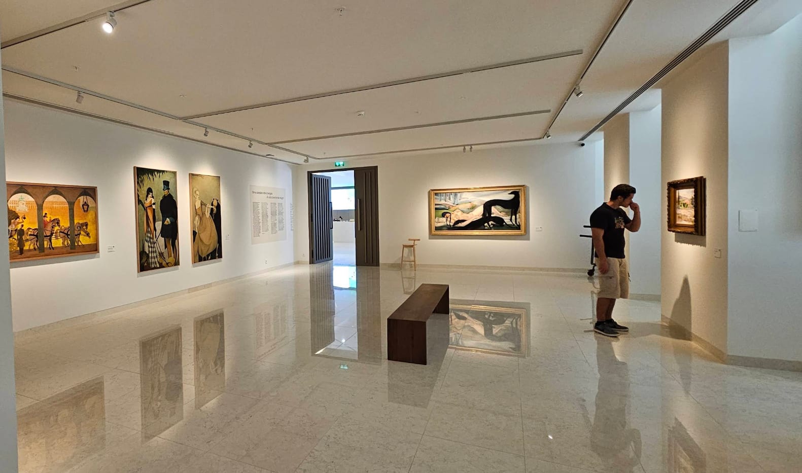 The modern collection room, the paintings taken one by one from the track, the opening through to the next room and the timber bench at the centre; the polished floor returns the whole wall.