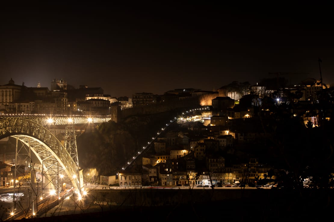 A encosta da Ribeira vista de Gaia antes da intervenção: a ponte Luís I e as fachadas iluminadas, e a muralha a desaparecer numa faixa escura sobre o casario.