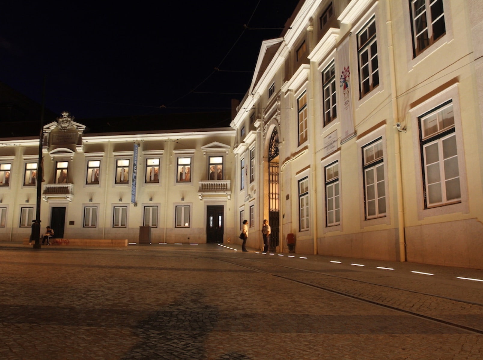 The seat of the Santa Casa da Misericórdia lit at night.